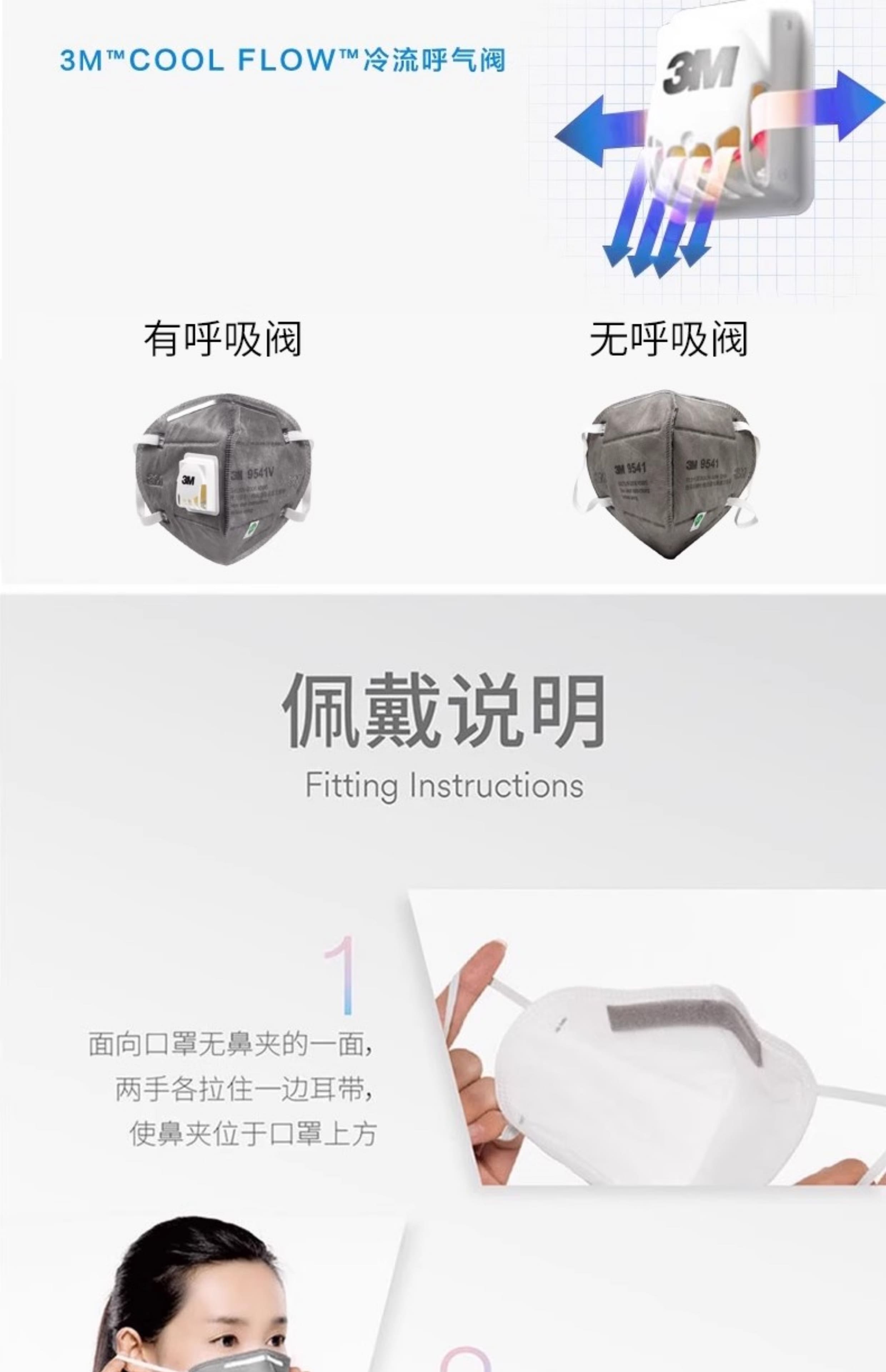 3M 9542V 防颗粒物口罩 （呼气阀、头带式、活性炭、减除有机蒸气异味、中国KN95认证）